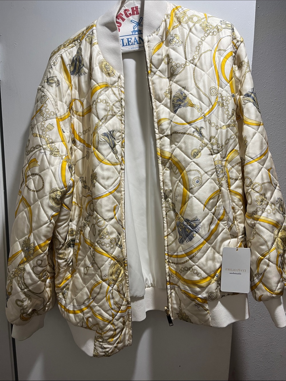 Emilio Pucci Silk Quilted Cream Bomber Jacket with Yellow Chain Motif